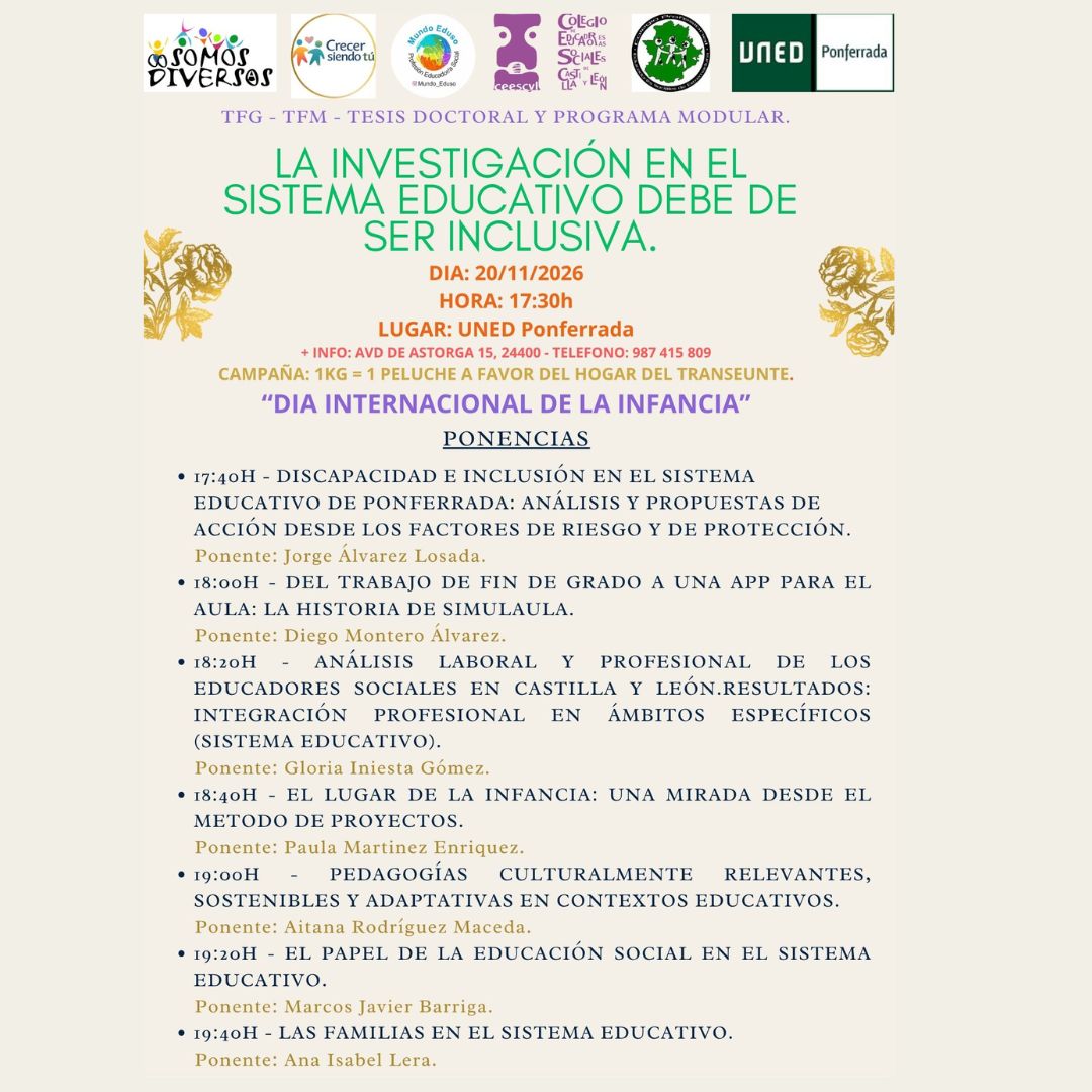 ACTIVIDAD UNED PONFERRADA “LA INVESTIGACIÓN EN EL SISTEMA EDUCATIVO DEBE DE SER INCLUSIVA”. 20 NOVIEMBRE 2026